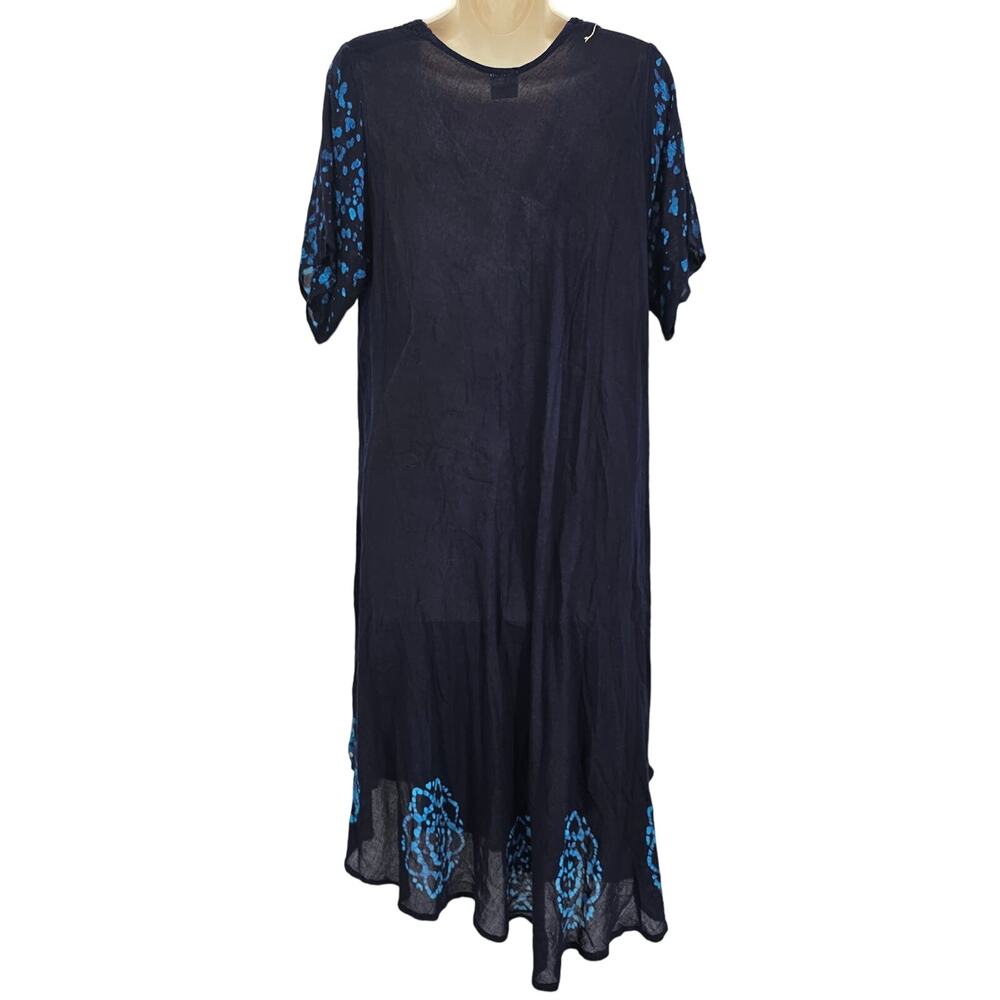 Asha Womans size L Short Sleeve Midi V-Neck Dress Blue Embroidered Floral - Picture 4 of 8